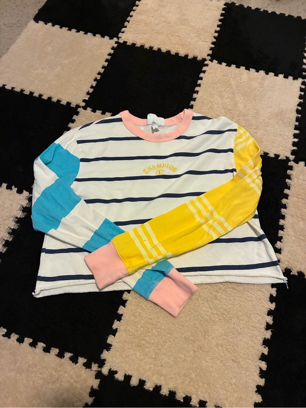 Champion Striped Colorblock Long-Sleeve Tee - White, Yellow & Blue